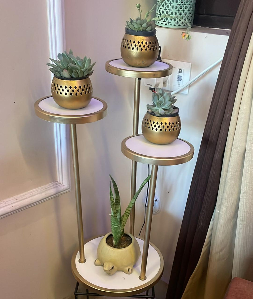 OWESCO Luxury 3-Tier Gold Metal Plant Stand with Marble Finish Tops FT8 (GOLDEN)