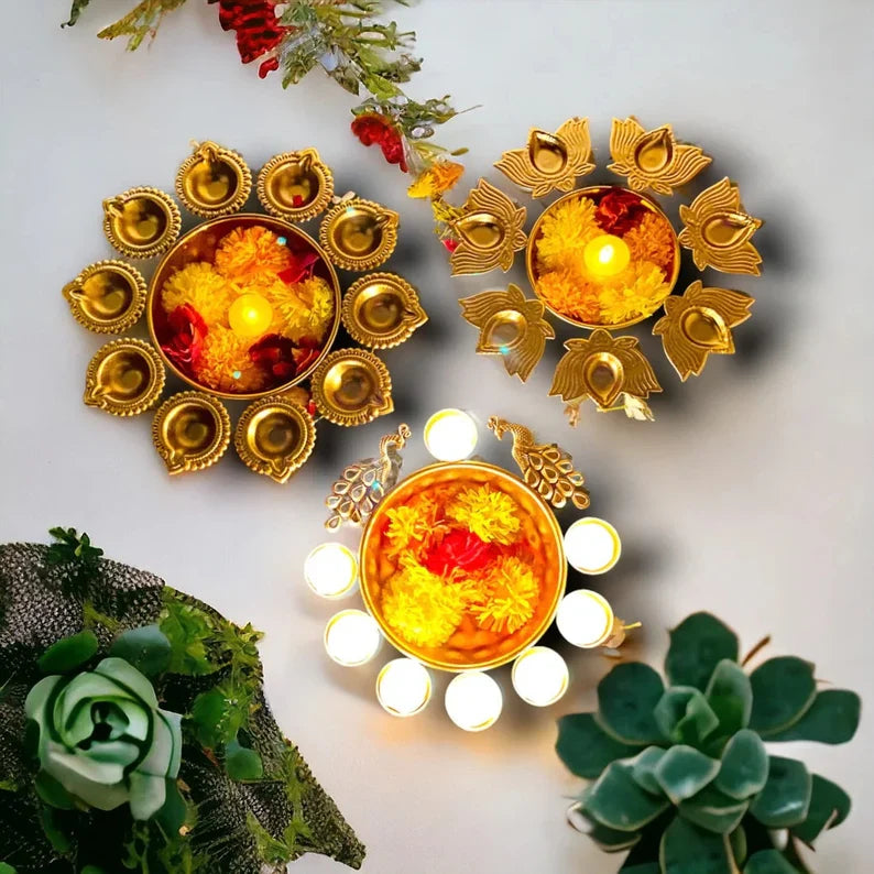 Copper Metal Diya Urli Home,Office Table Decor Diwali Decoration Items for Home Set of 3 (Size 10,10 and 12 inches)