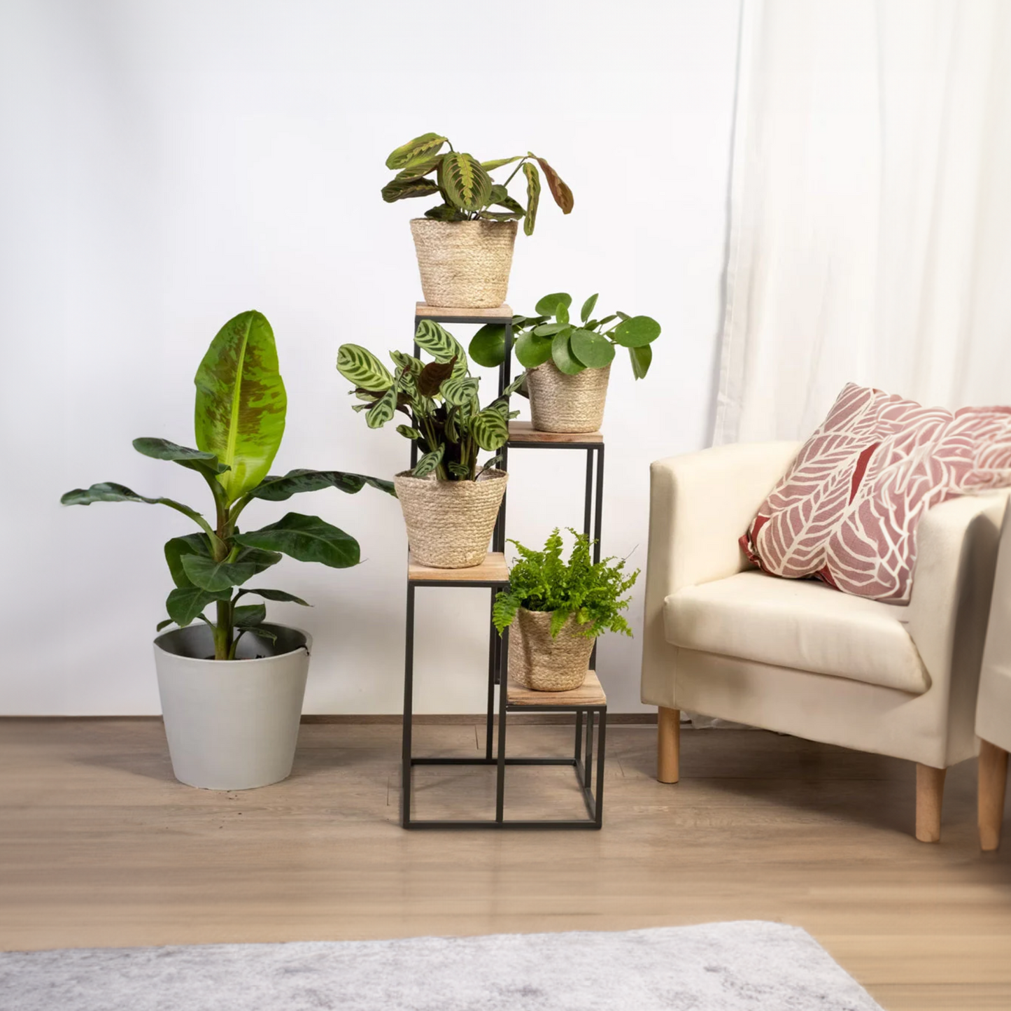 Black Metal Planter Stand with Premium Brown Wooden Shelves- 4 Tier