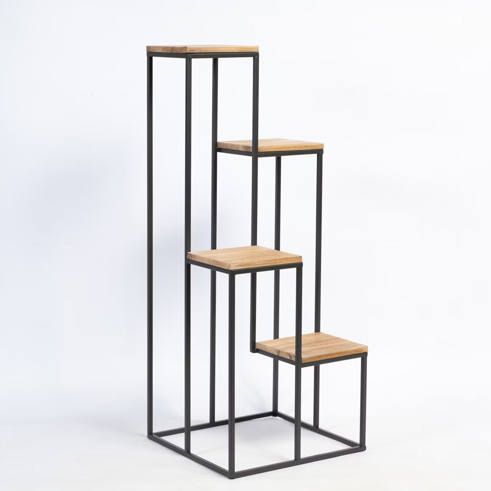 Black Metal Planter Stand with Premium Brown Wooden Shelves- 4 Tier