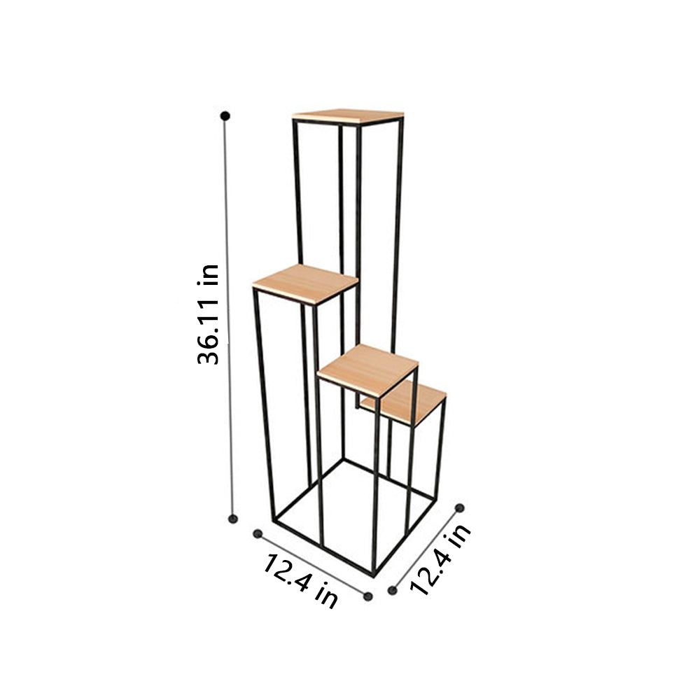 Black Metal Planter Stand with Premium Brown Wooden Shelves- 4 Tier